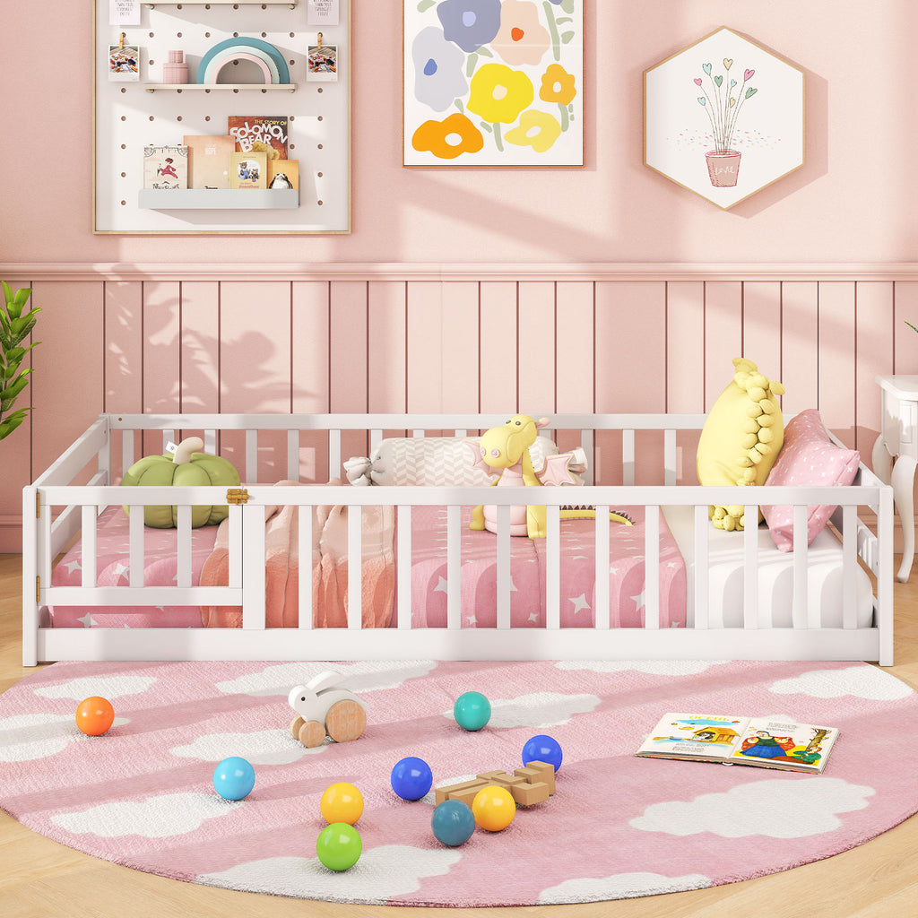 Twin Size Kids Wooden Montessori Floor Bed with Door & Fence - White Variation