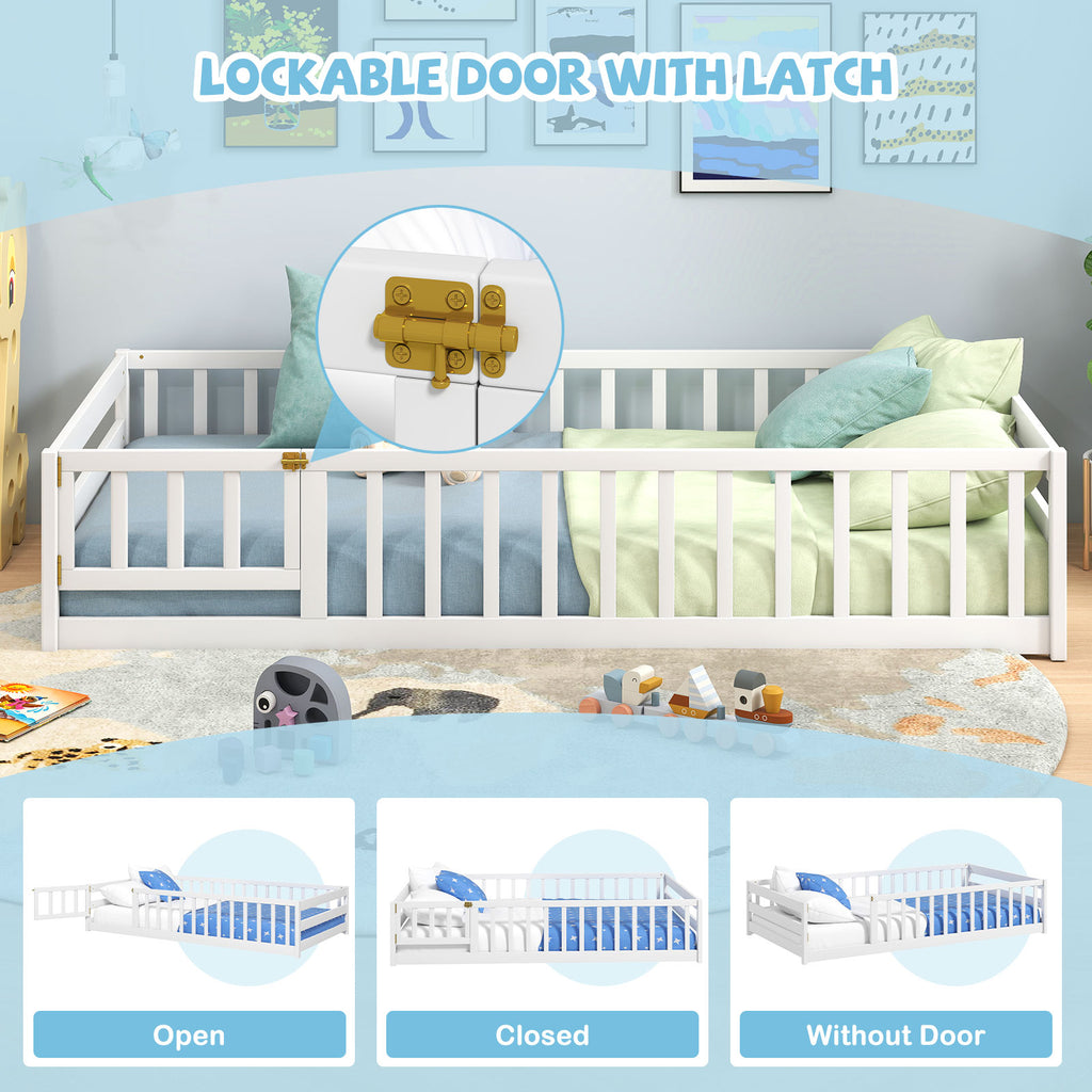 Twin Size Kids Wooden Montessori Floor Bed with Door & Fence - White Variation