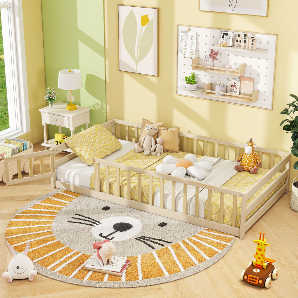 Kids Twin Size Montessori Floor Bed with Door and Fence - Natural, House Style Variation