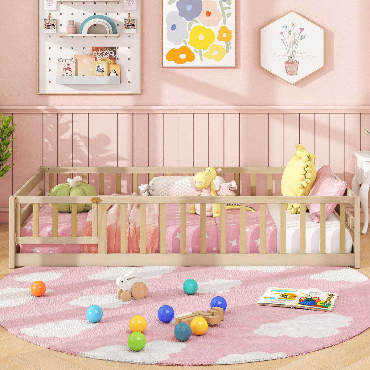 Kids Twin Size Montessori Floor Bed with Door and Fence - Natural, House Style Variation
