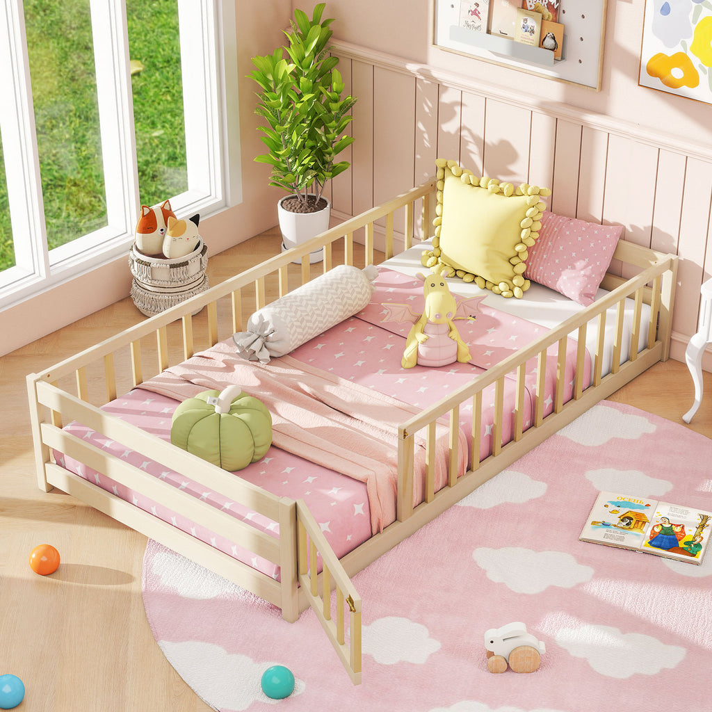 Kids Twin Size Montessori Floor Bed with Door and Fence - Natural, House Style Variation