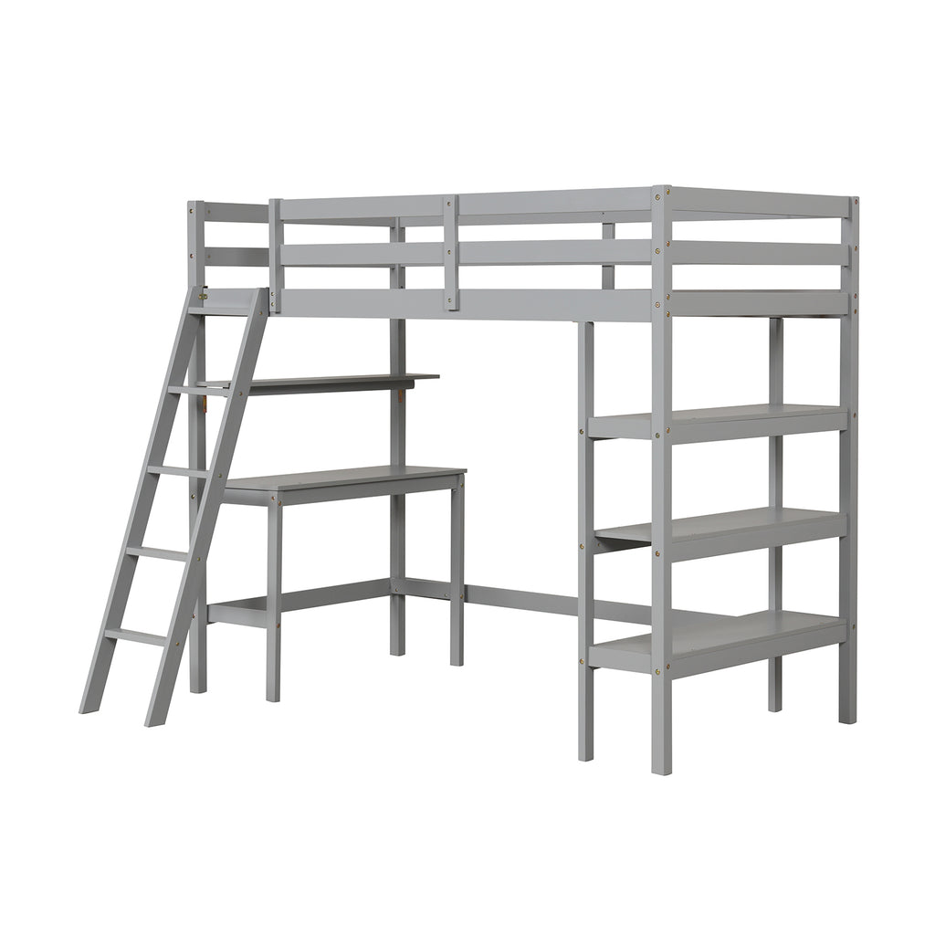 Twin Loft Bed with Desk and Bookshelves - Gray