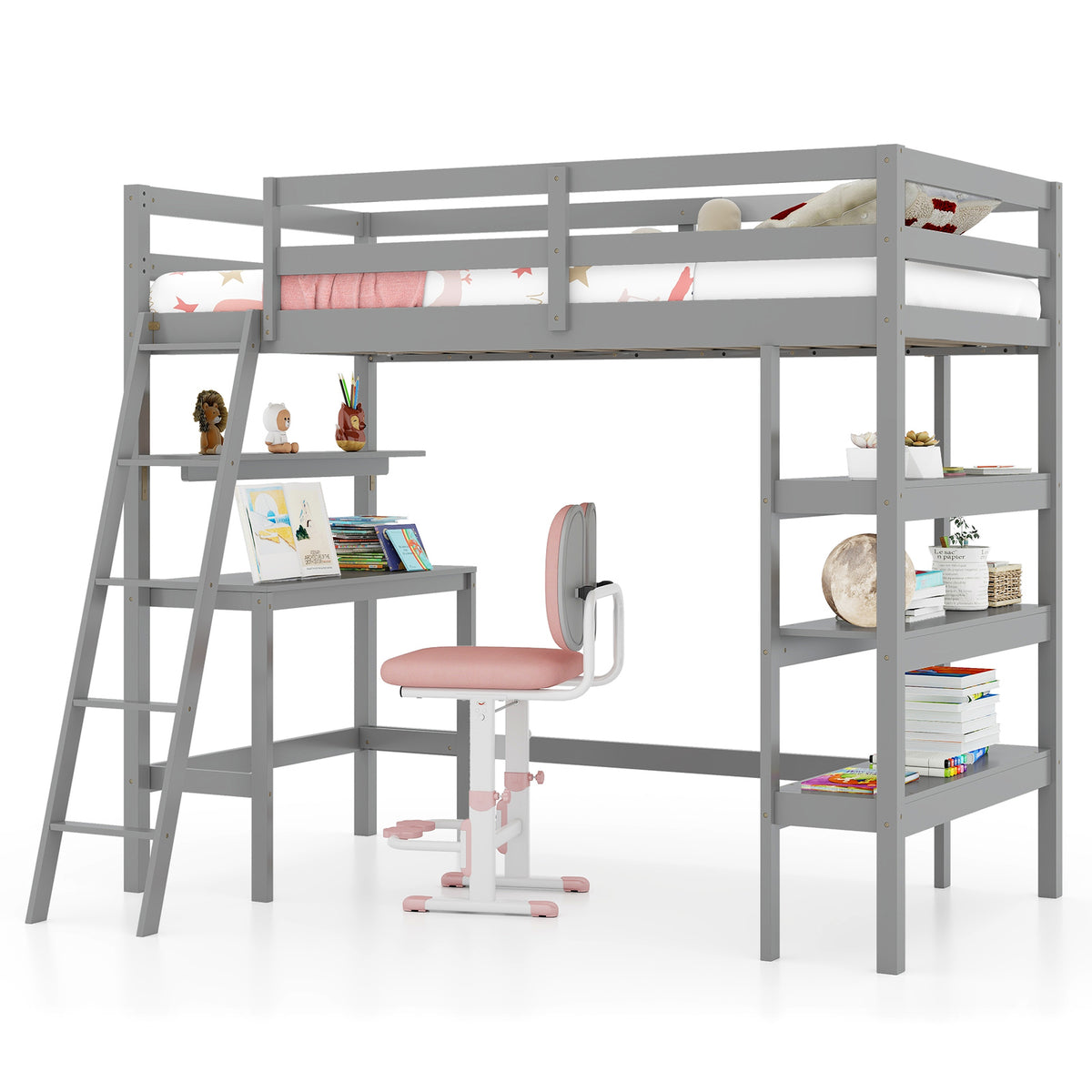 Twin Loft Bed with Desk and Bookshelves - Gray