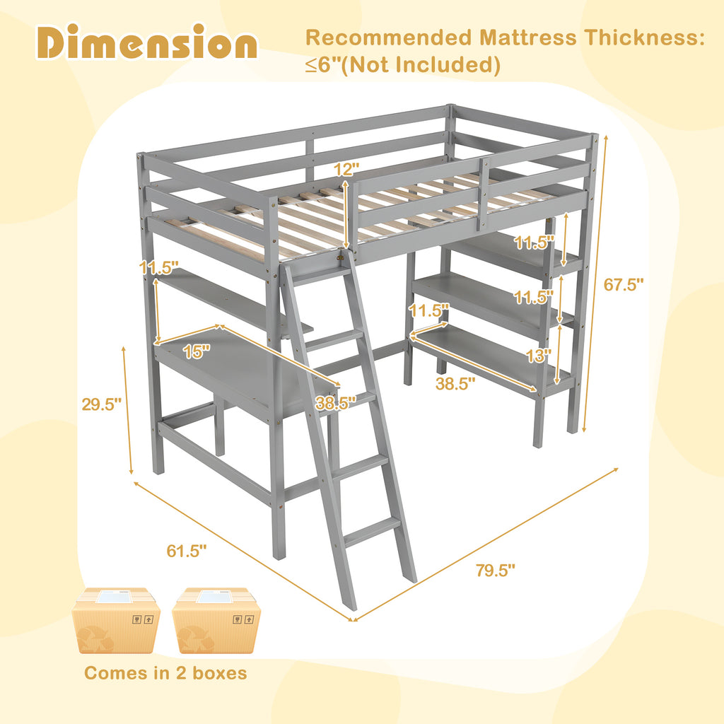 Twin Loft Bed with Desk and Bookshelves - Gray