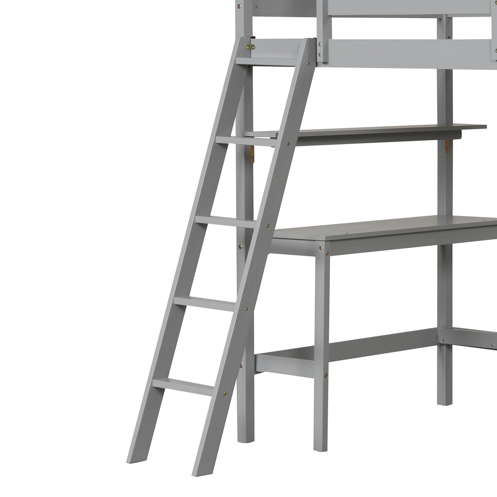 Twin Loft Bed with Desk and Bookshelves - Gray