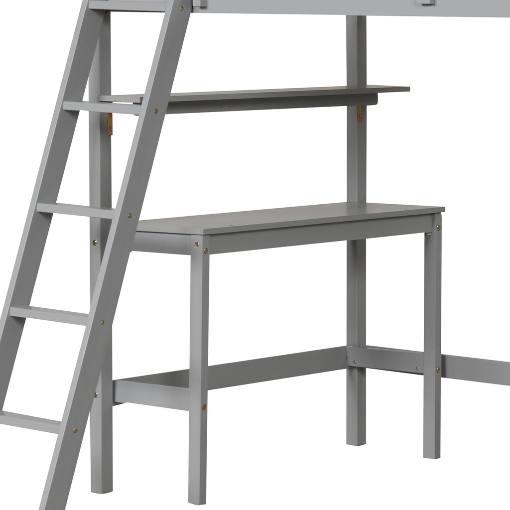 Twin Loft Bed with Desk and Bookshelves - Gray