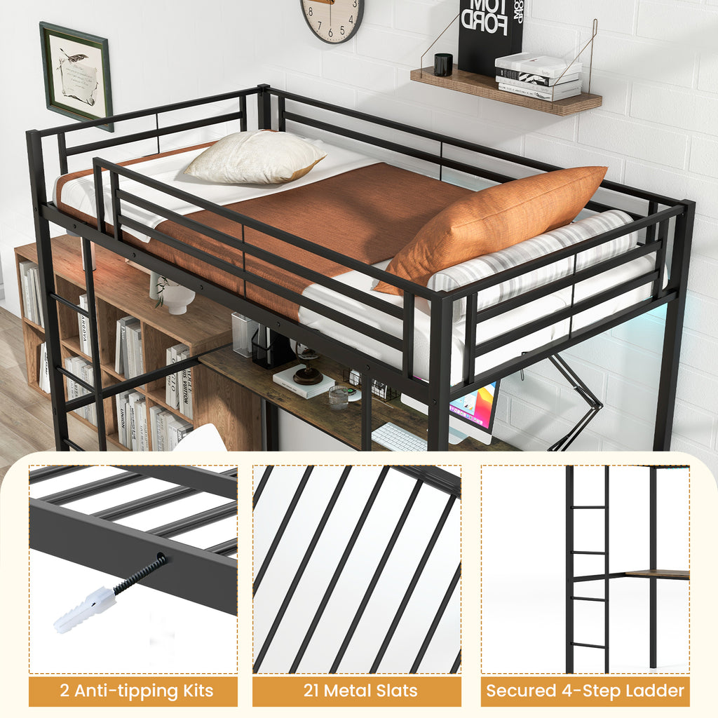 Twin Size Loft Bed with Desk and 2 Storage Shelves, Black