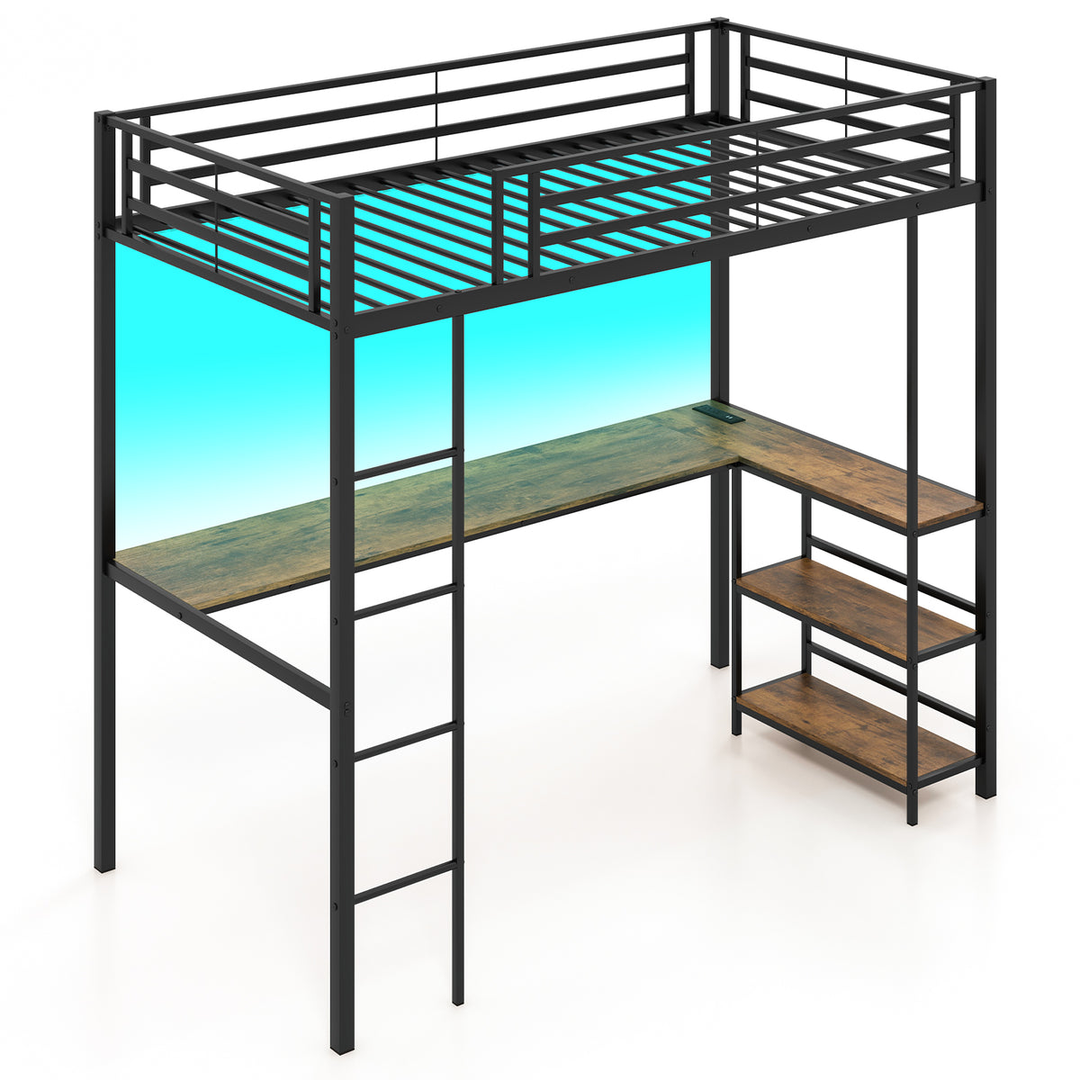 Twin Size Loft Bed with Desk and 2 Storage Shelves, Black
