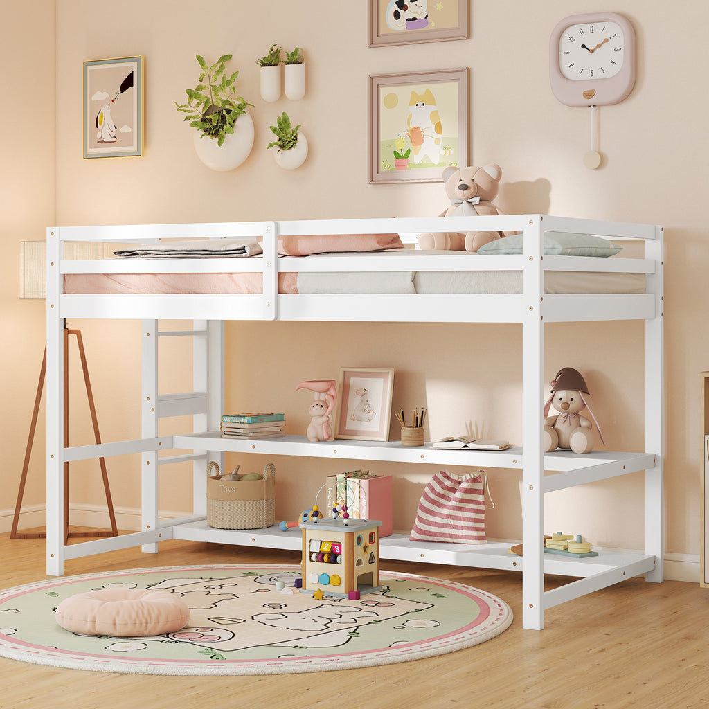 Twin Loft Bed with Storage Shelves and Guardrails - White
