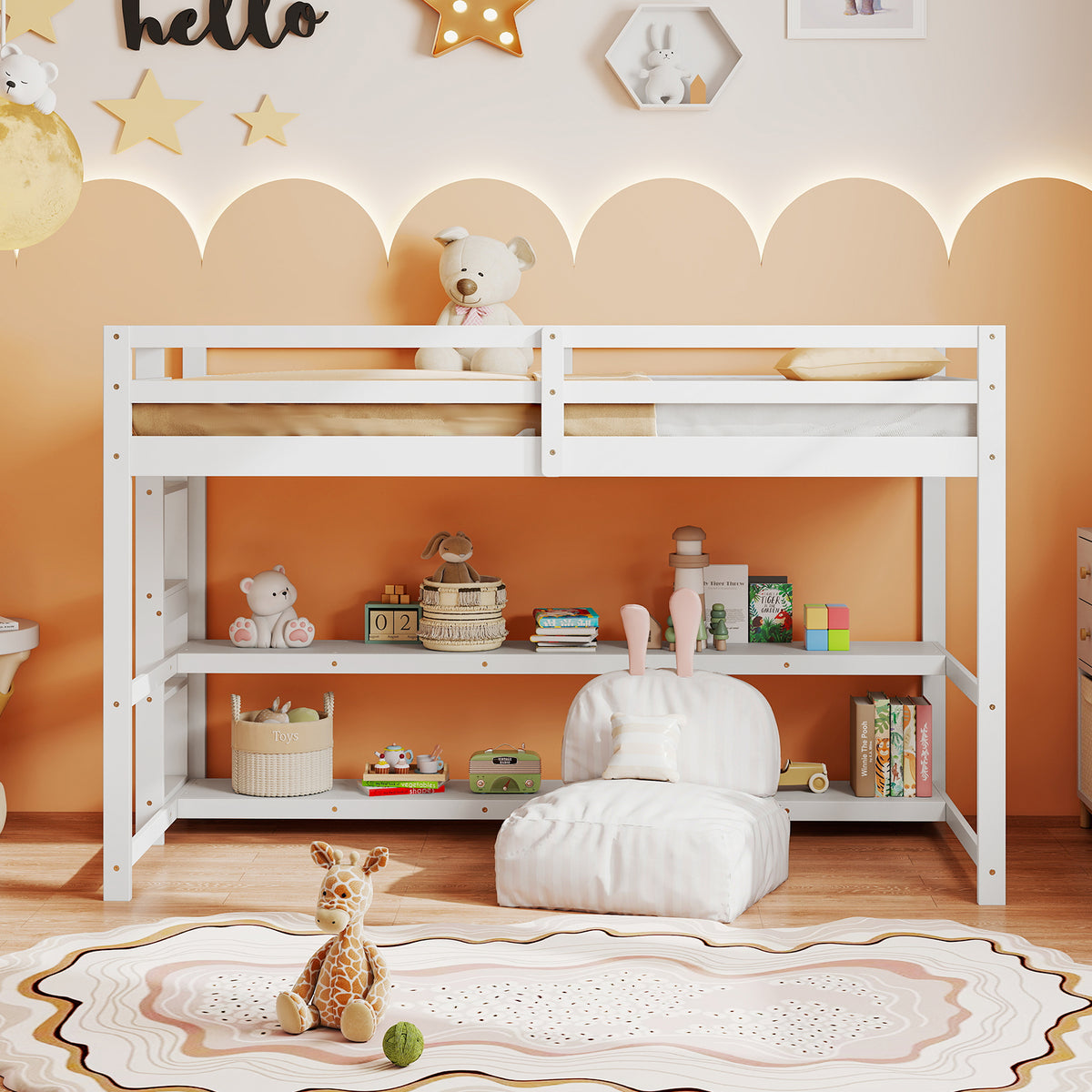 Twin Loft Bed with Storage Shelves and Guardrails - White