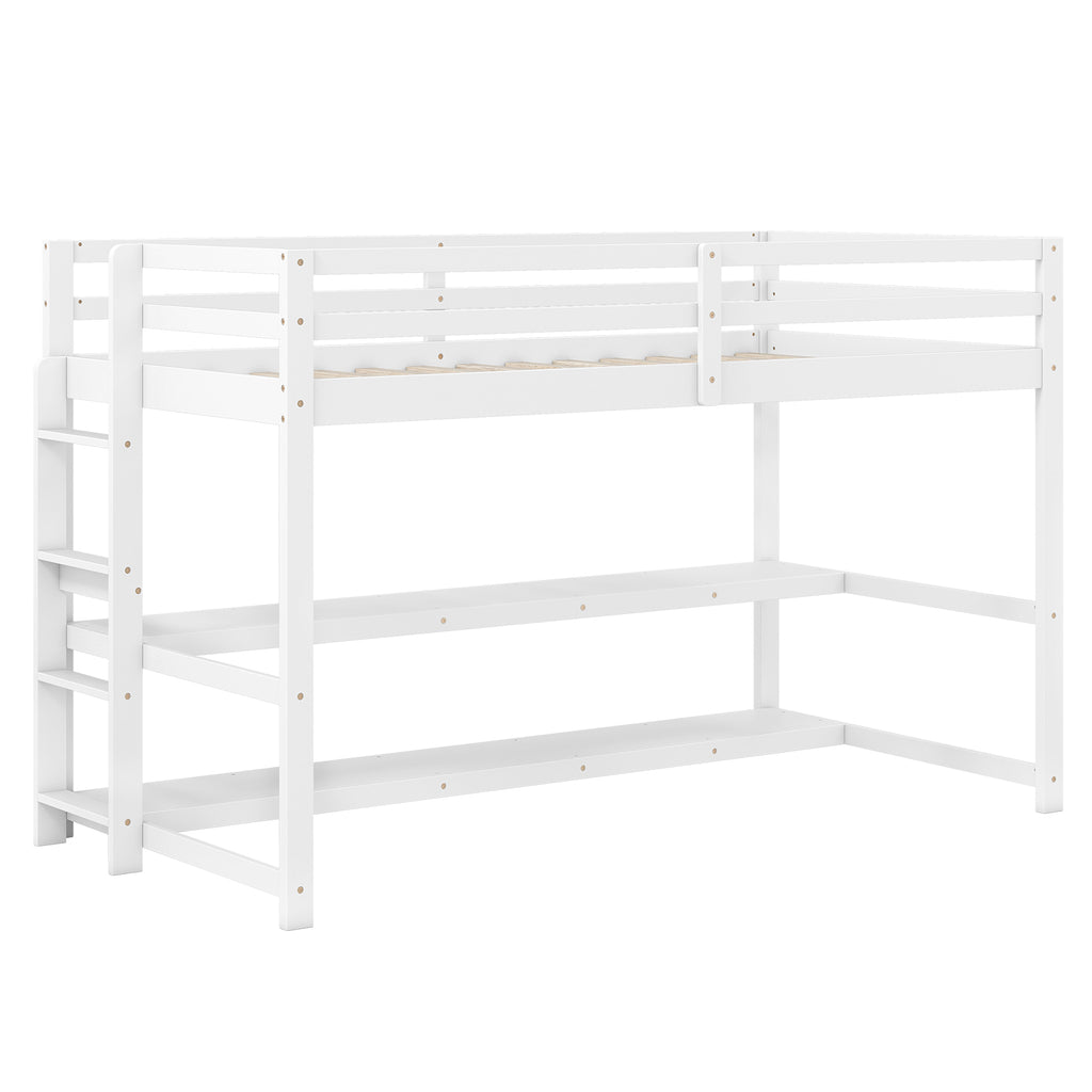 Twin Loft Bed with Storage Shelves and Guardrails - White
