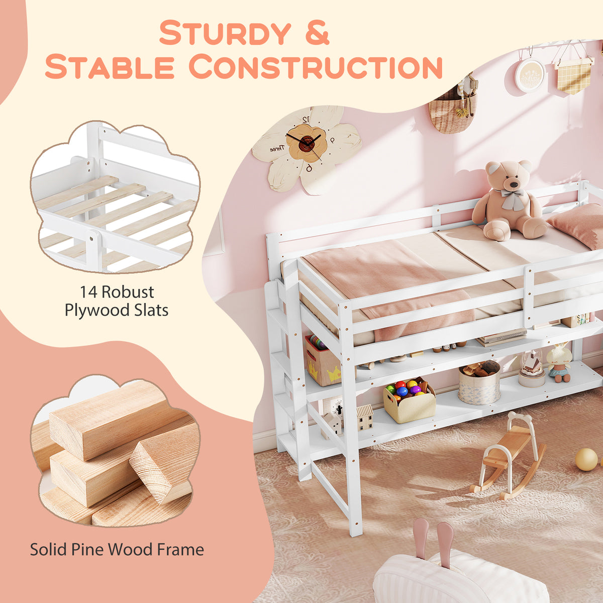Twin Loft Bed with Storage Shelves and Guardrails - White