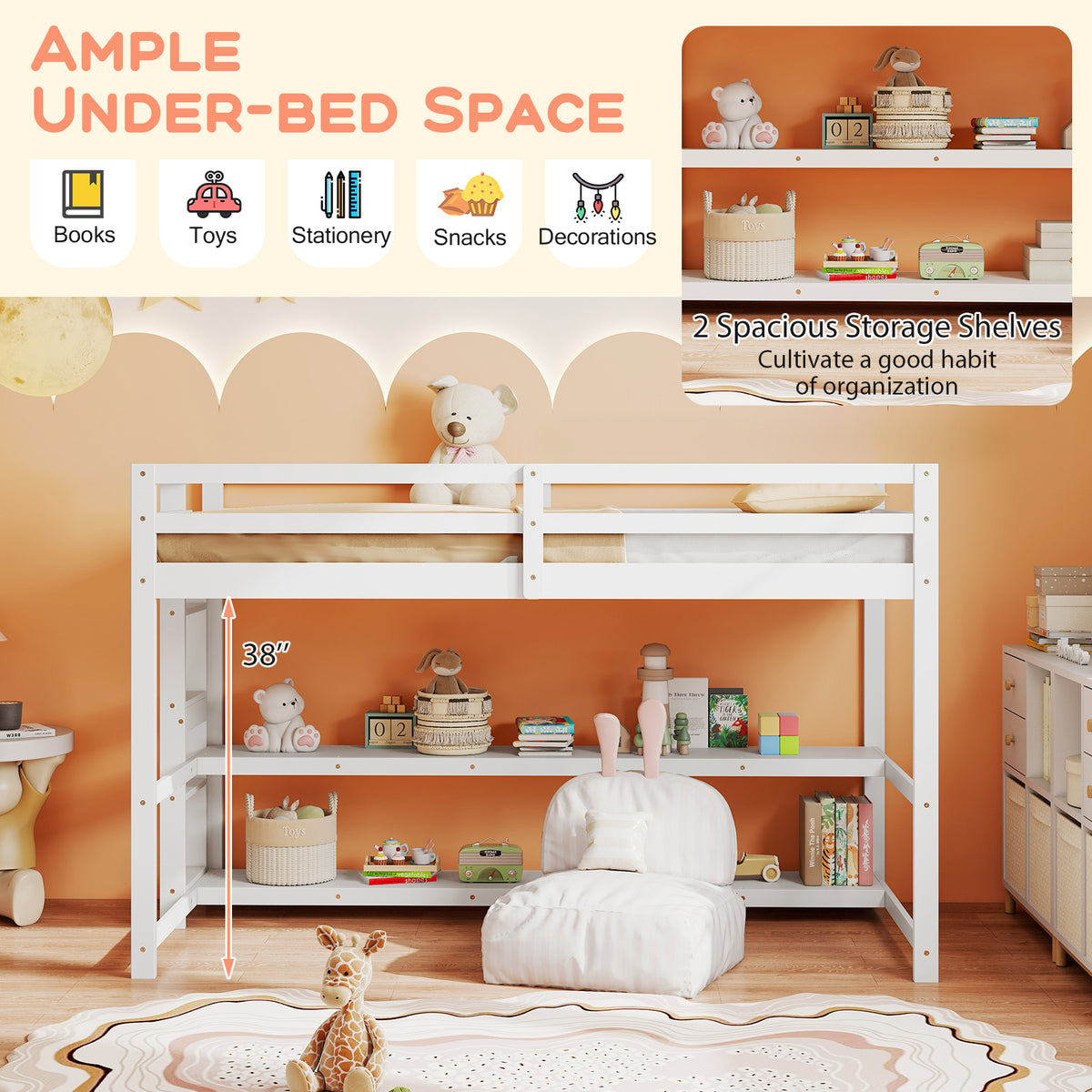 Twin Loft Bed with Storage Shelves and Guardrails - White
