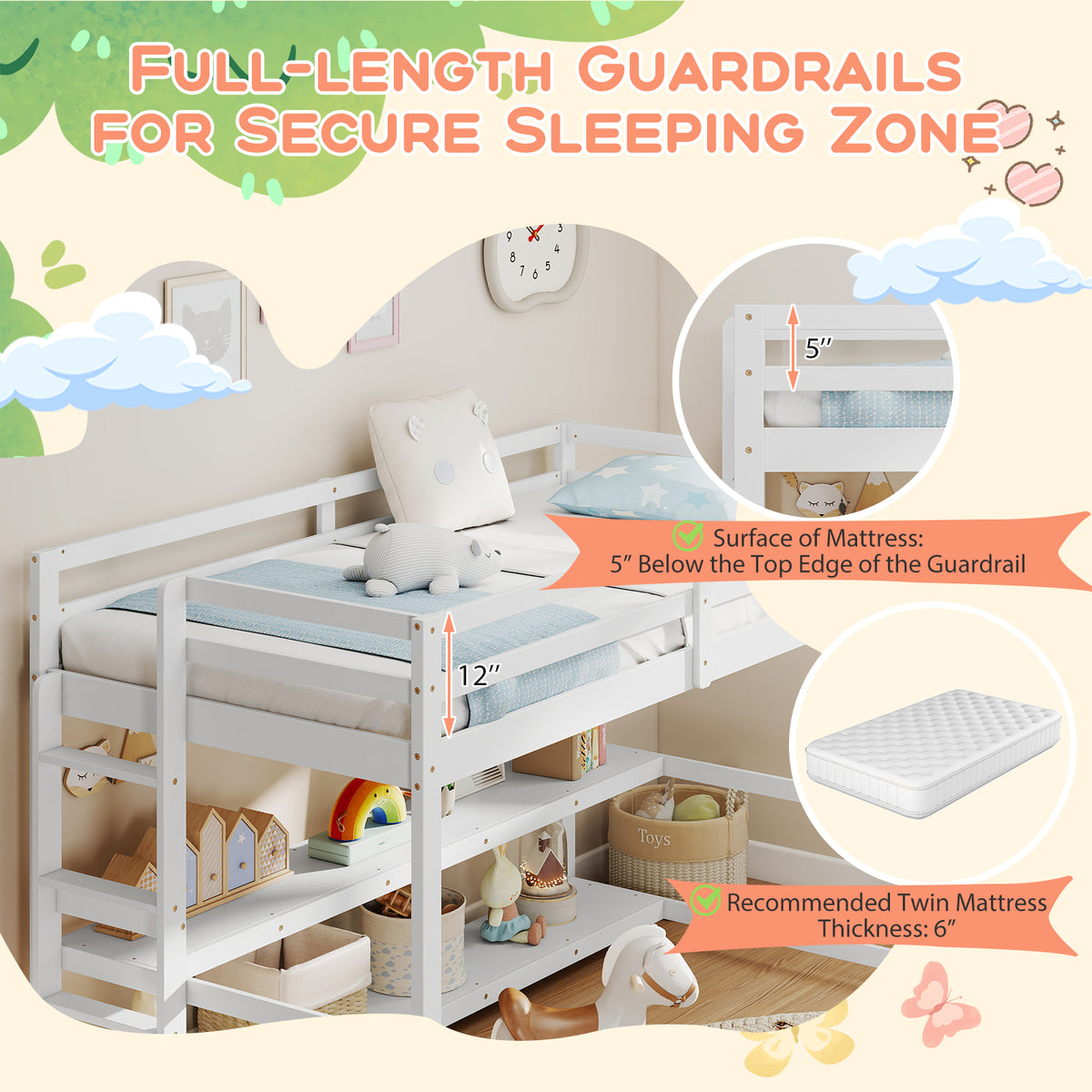 Twin Loft Bed with Storage Shelves and Guardrails - White