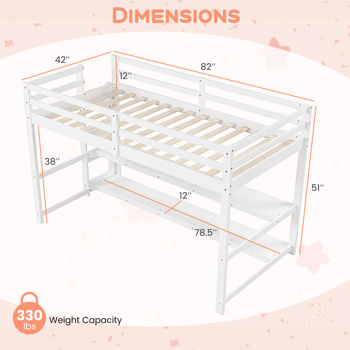 Twin Loft Bed with Storage Shelves and Guardrails - White