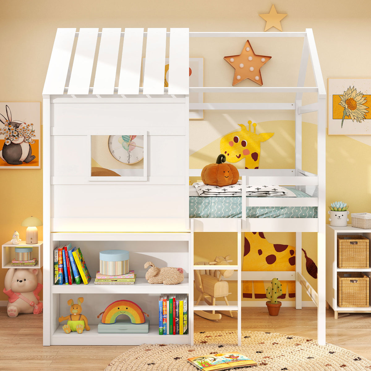 Twin Loft Bed with LED Lights, Bookshelf & Storage – White