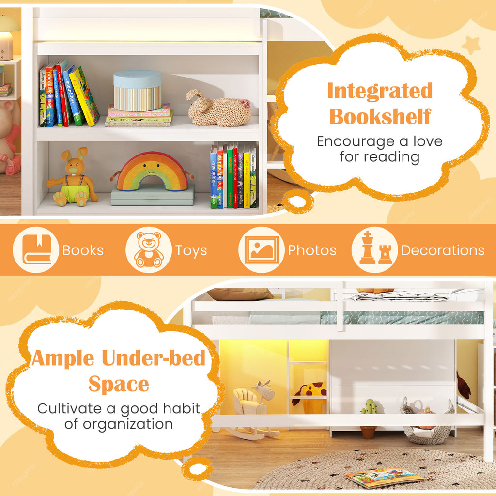 Twin Loft Bed with LED Lights, Bookshelf & Storage – White