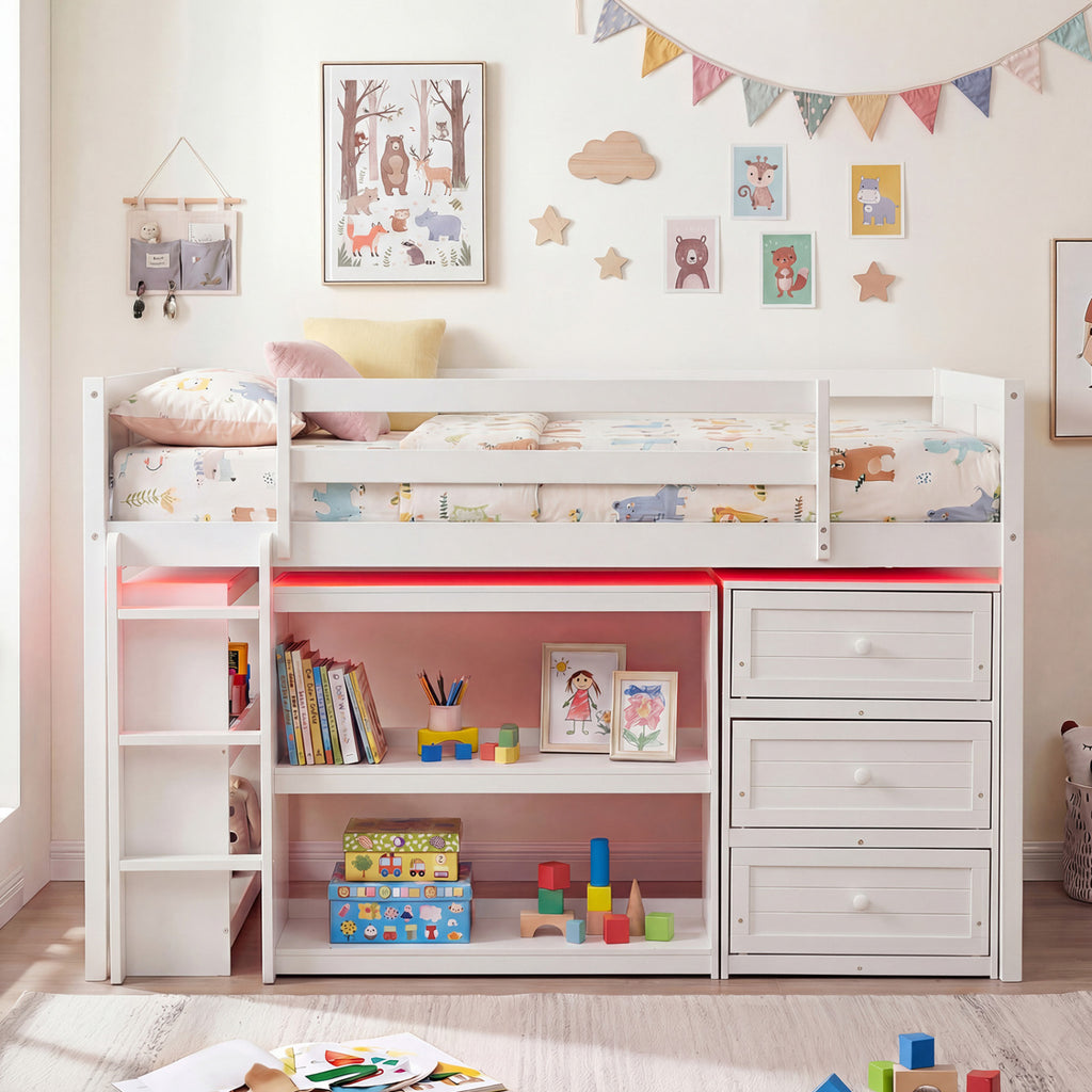 Twin Loft Bed with LED Lights & Drawers - White