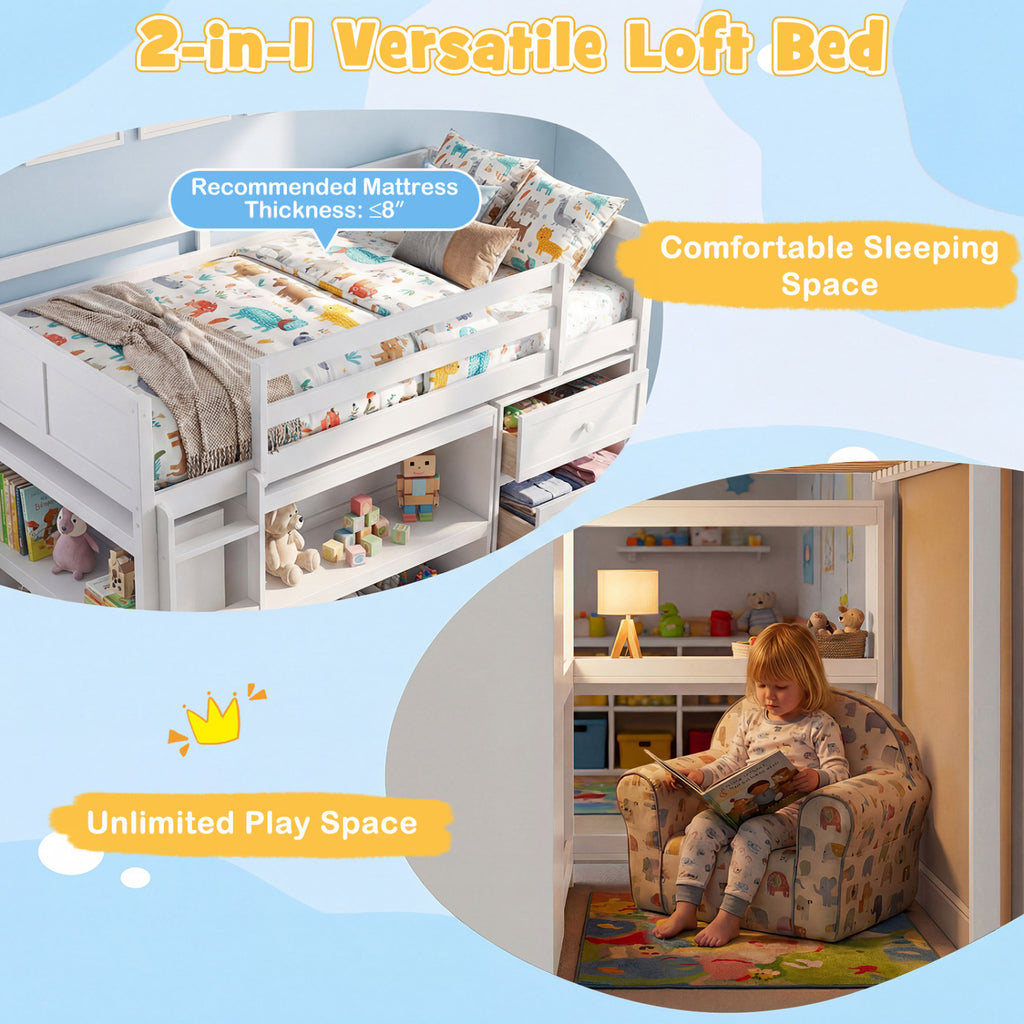 Twin Loft Bed with LED Lights & Drawers - White