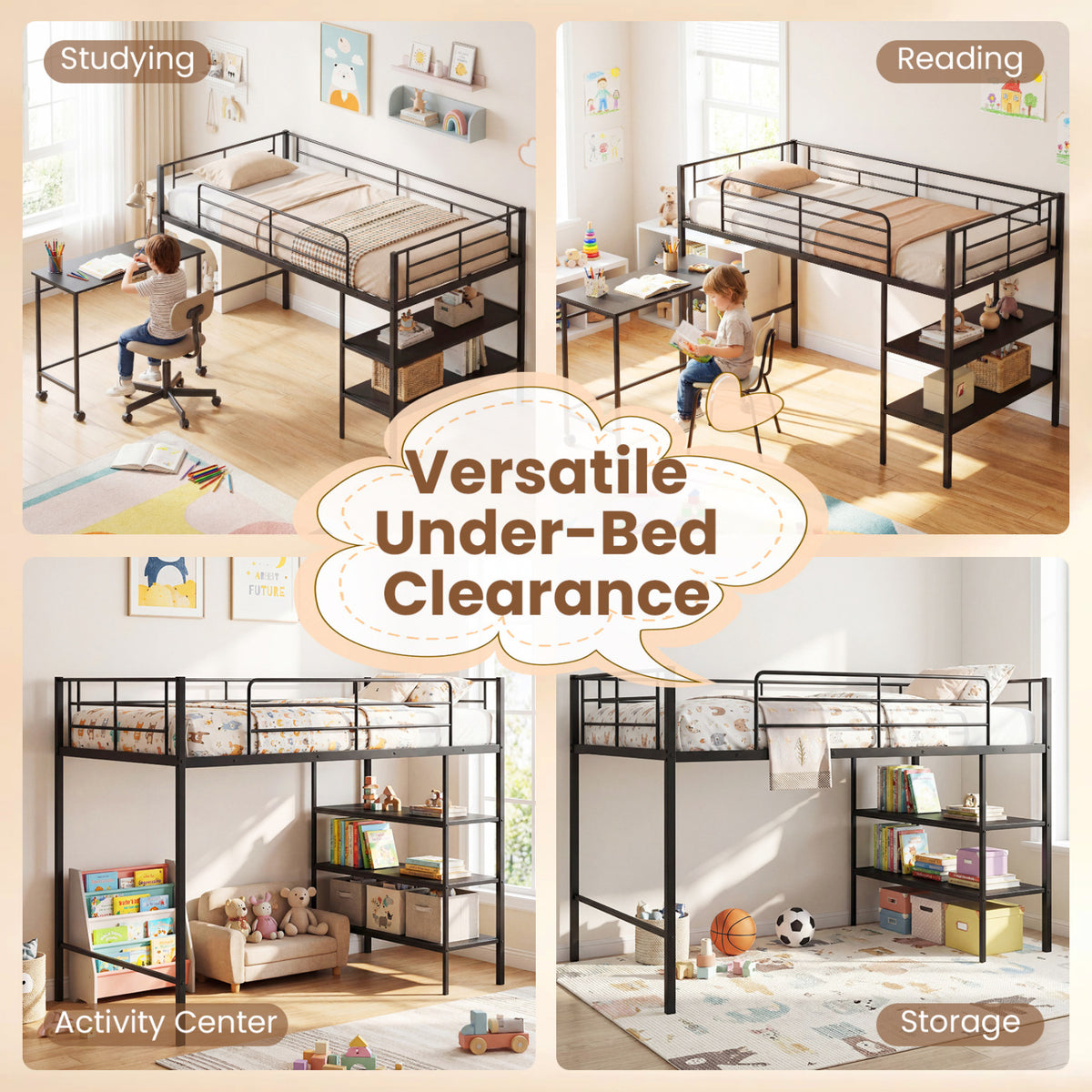 Twin Loft Bed with Rolling Desk and Bookshelf - Black