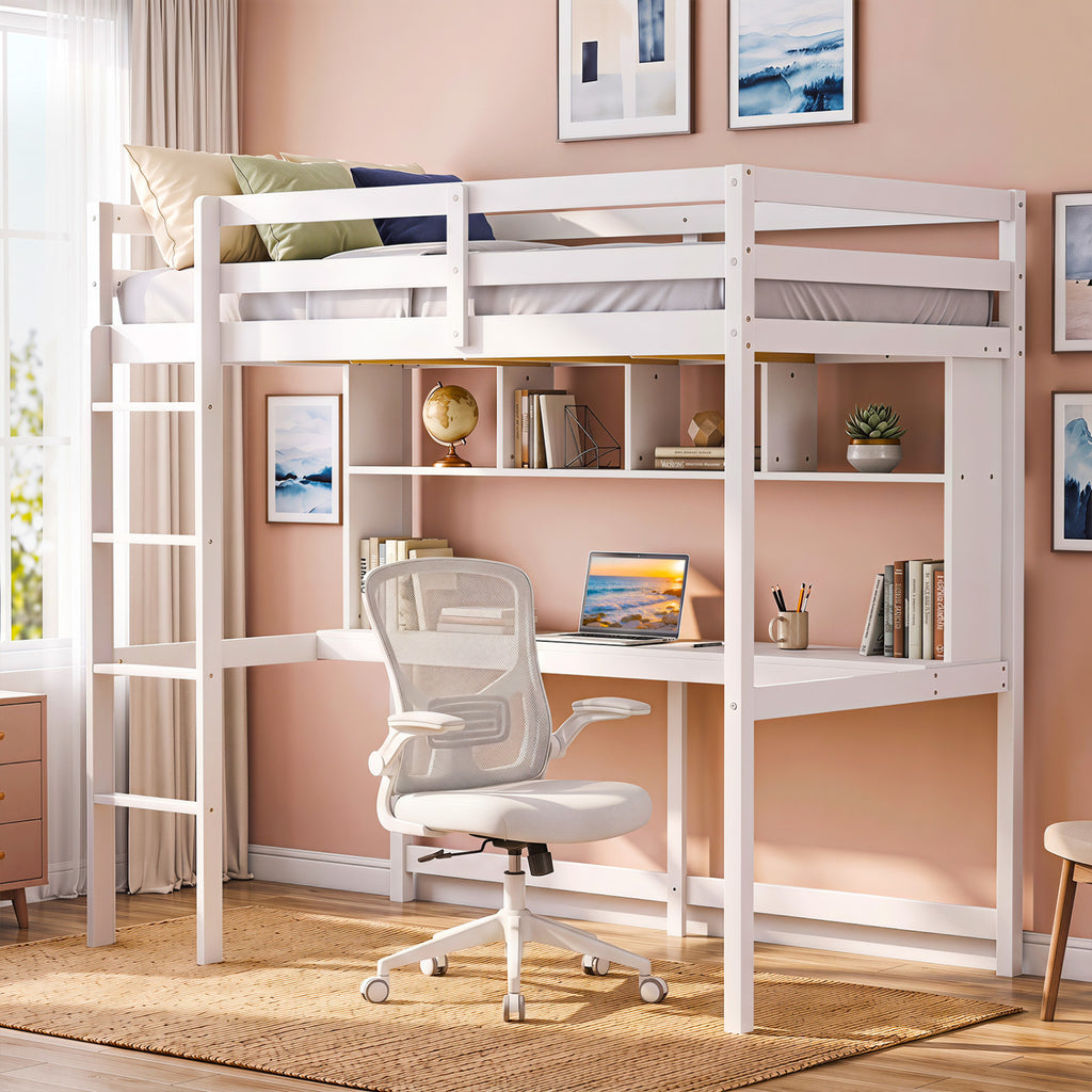 Twin Loft Bed with Desk and Shelves - White