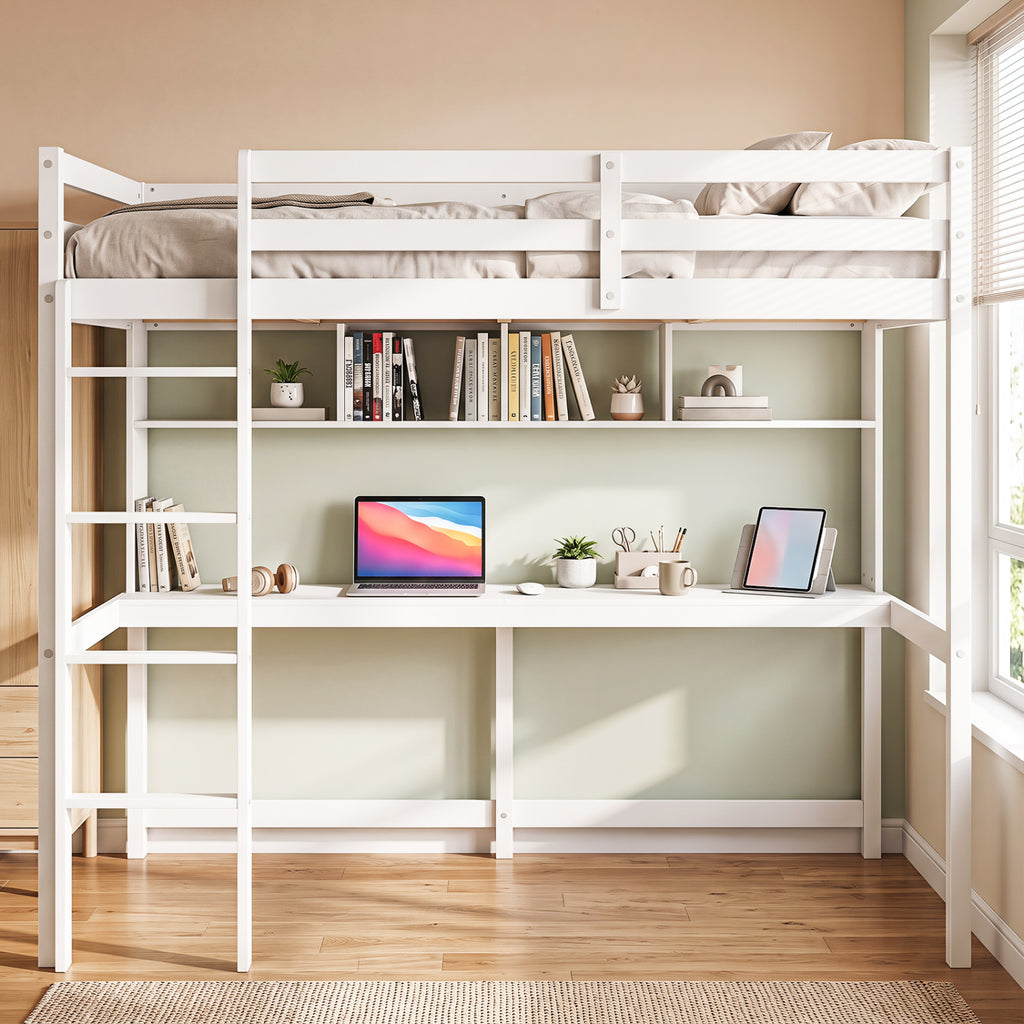 Twin Loft Bed with Desk and Shelves - White