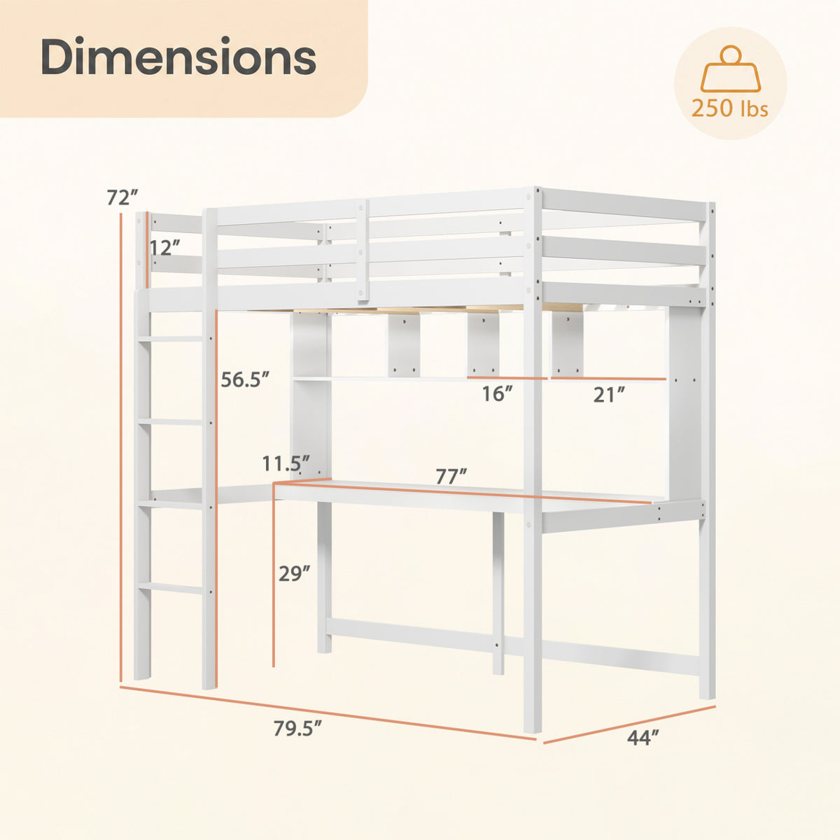 Twin Loft Bed with Desk and Shelves - White