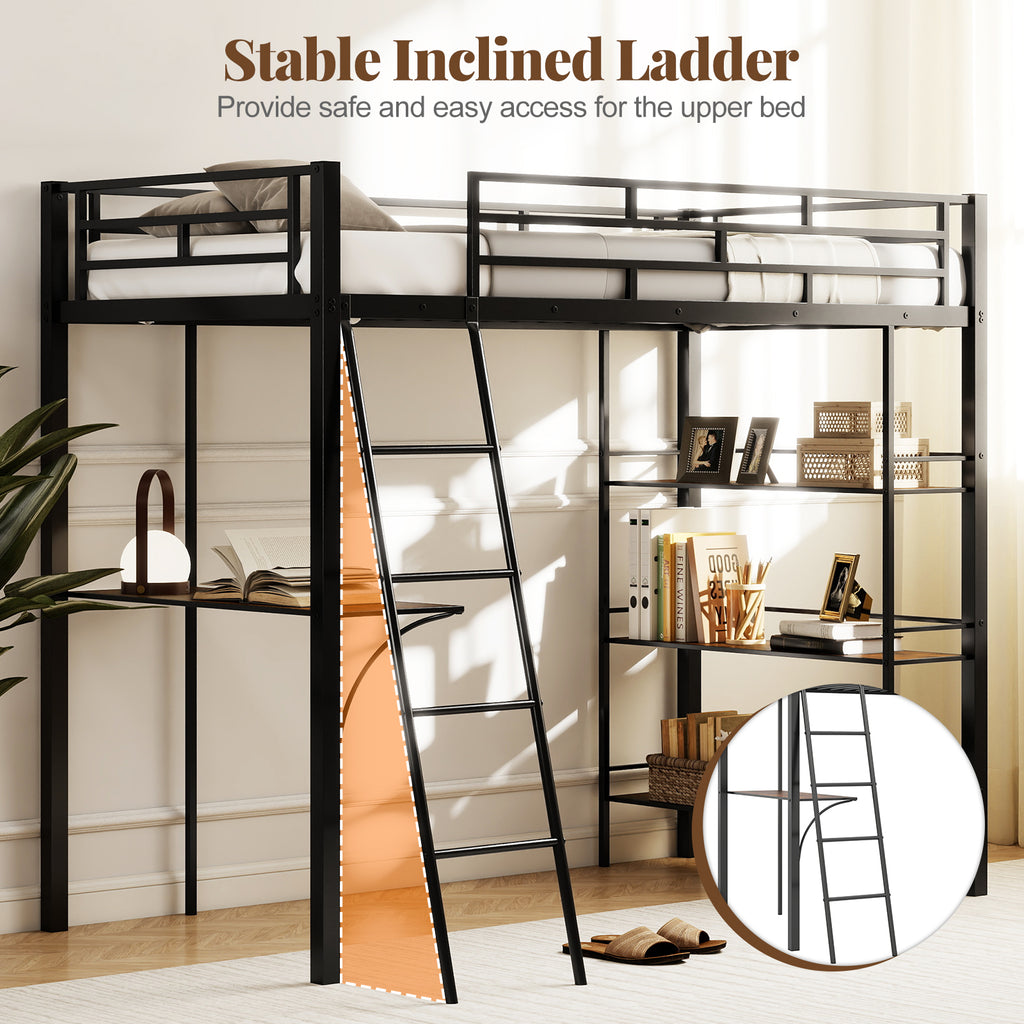 Twin Loft Bed with Desk and Storage Shelves - Black