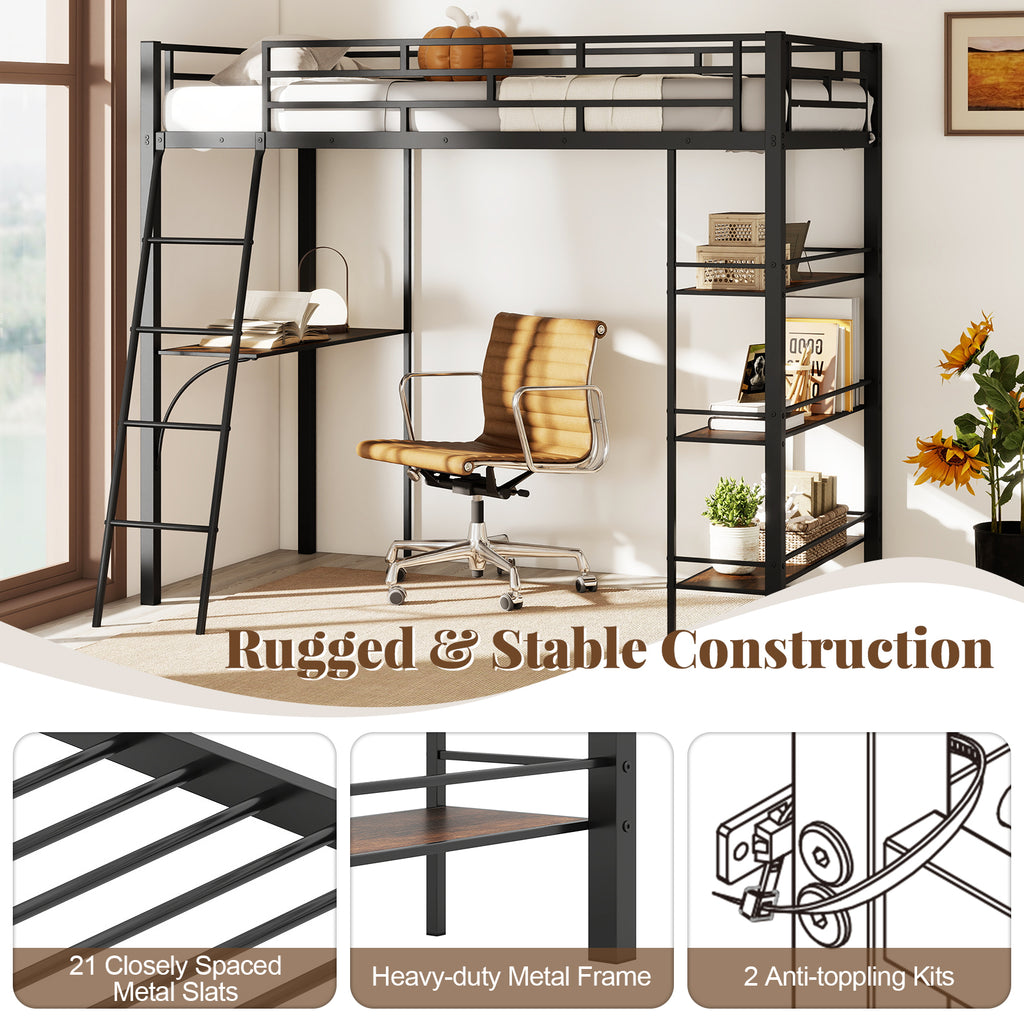 Twin Loft Bed with Desk and Storage Shelves - Black