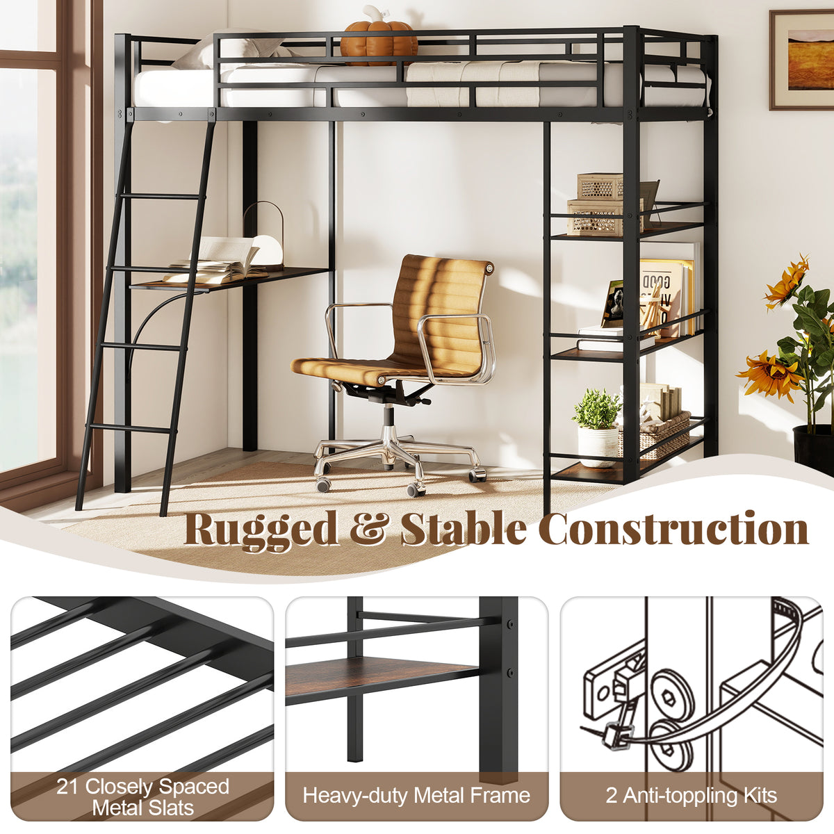 Twin Loft Bed with Desk and Storage Shelves - Black
