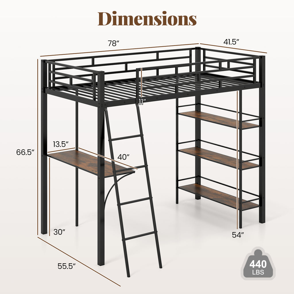 Twin Loft Bed with Desk and Storage Shelves - Black