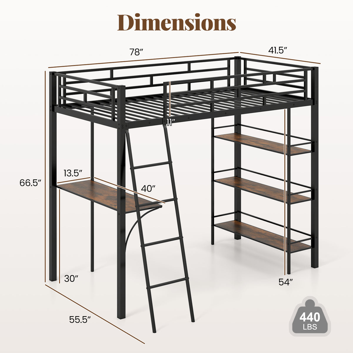 Twin Loft Bed with Desk and Storage Shelves - Black
