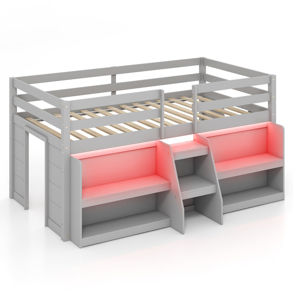 Twin Loft Bed with 3 Storage Drawers & Guardrails, Gray