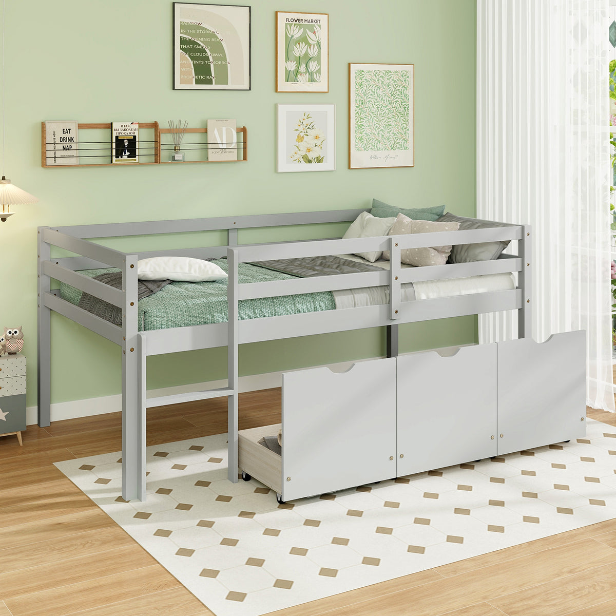 Twin Loft Bed with 3 Storage Drawers & Guardrails, Gray