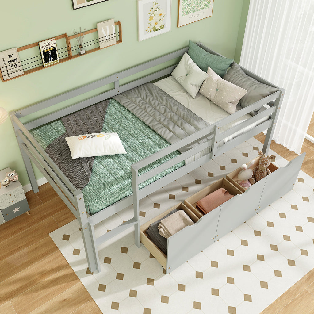 Twin Loft Bed with 3 Storage Drawers & Guardrails, Gray
