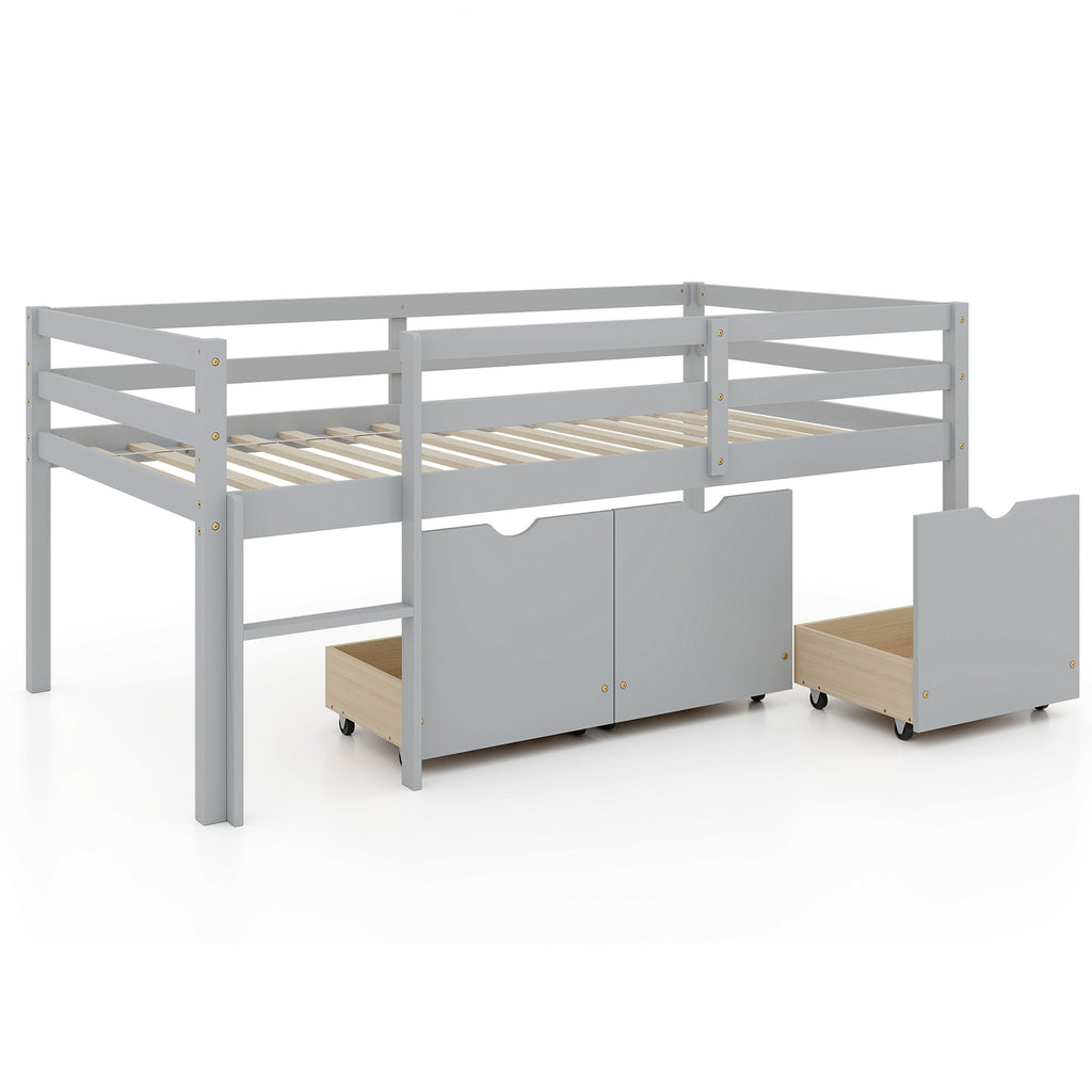 Twin Loft Bed with LED Lights & Drawers - White