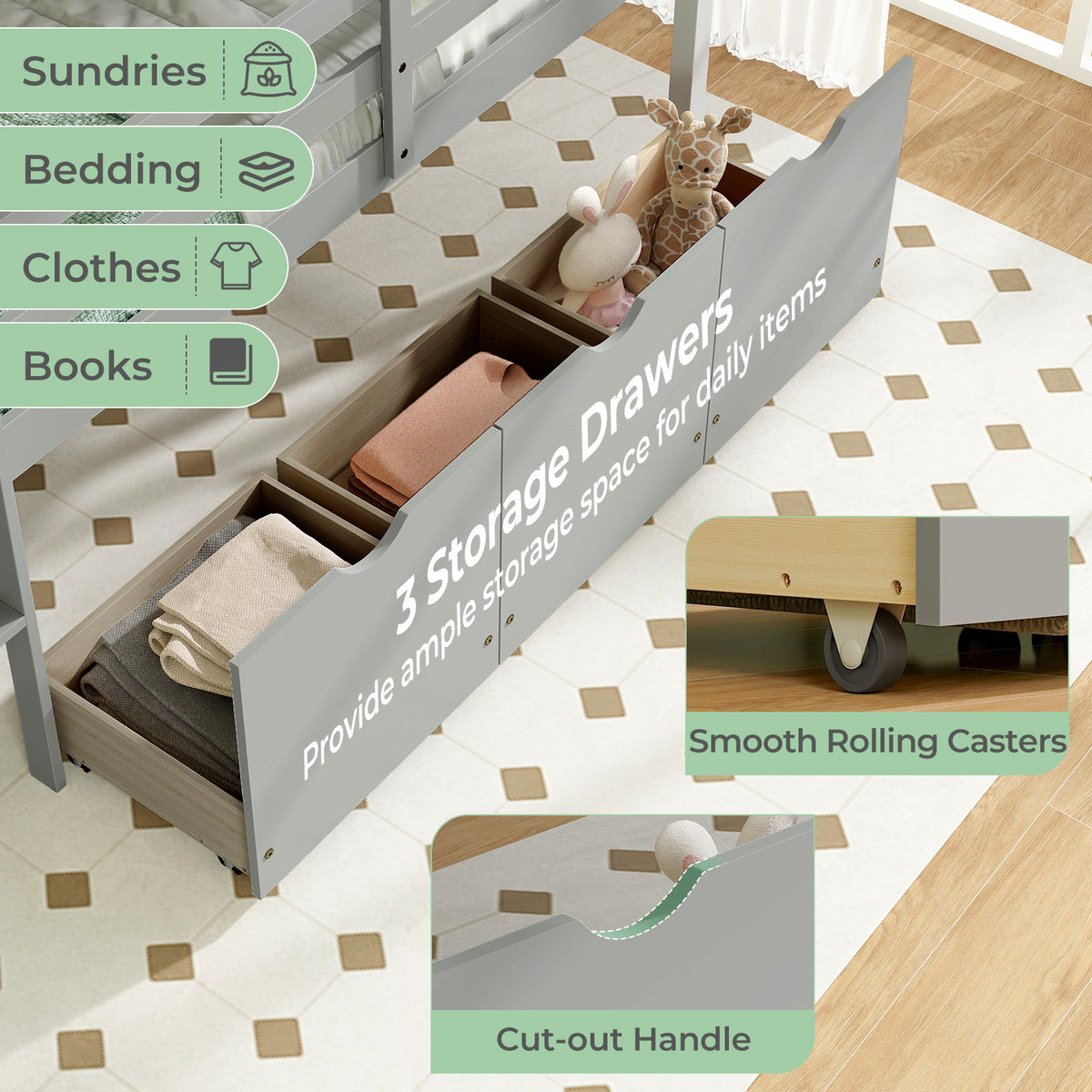 Twin Loft Bed with 3 Storage Drawers & Guardrails, Gray