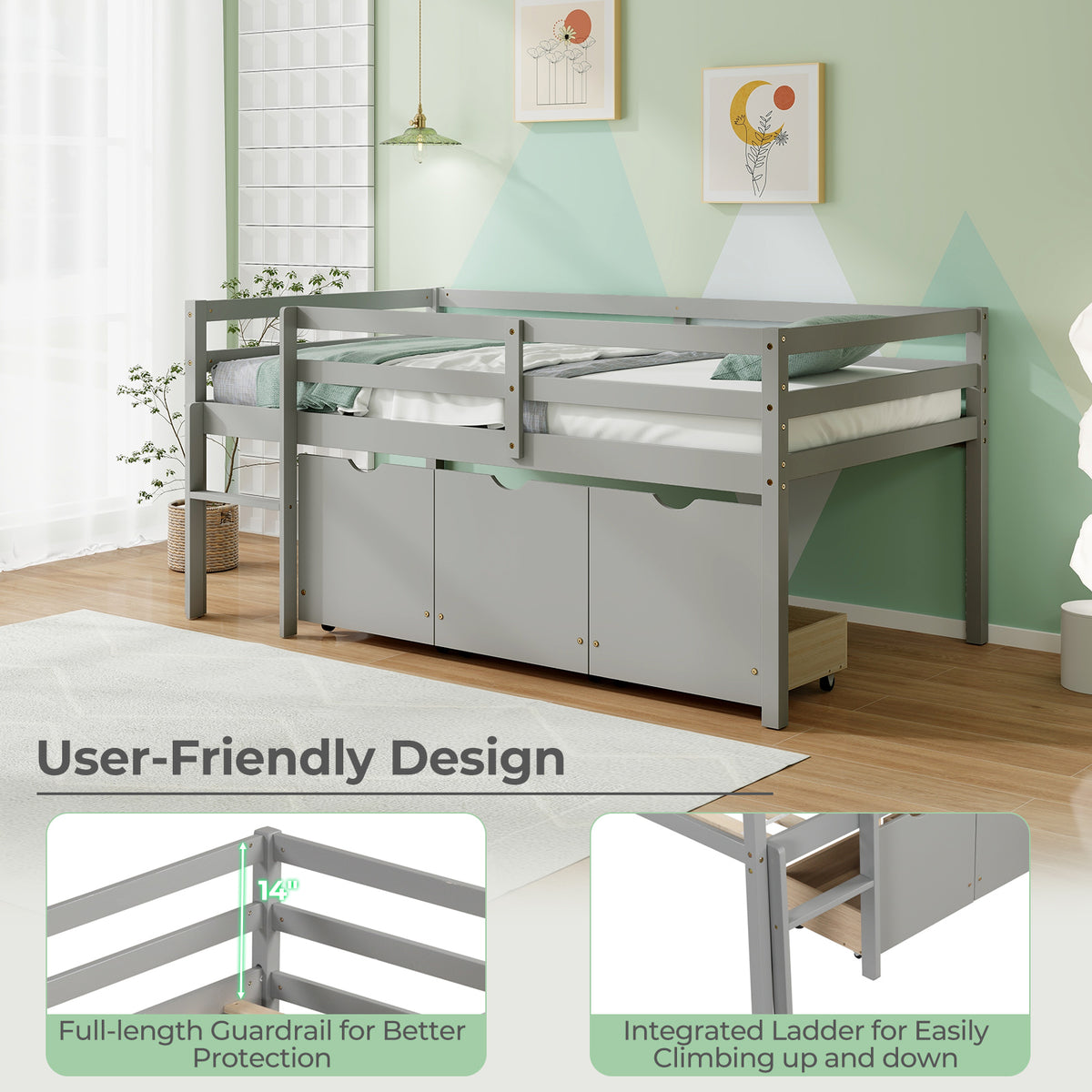 Twin Loft Bed with 3 Storage Drawers & Guardrails, Gray