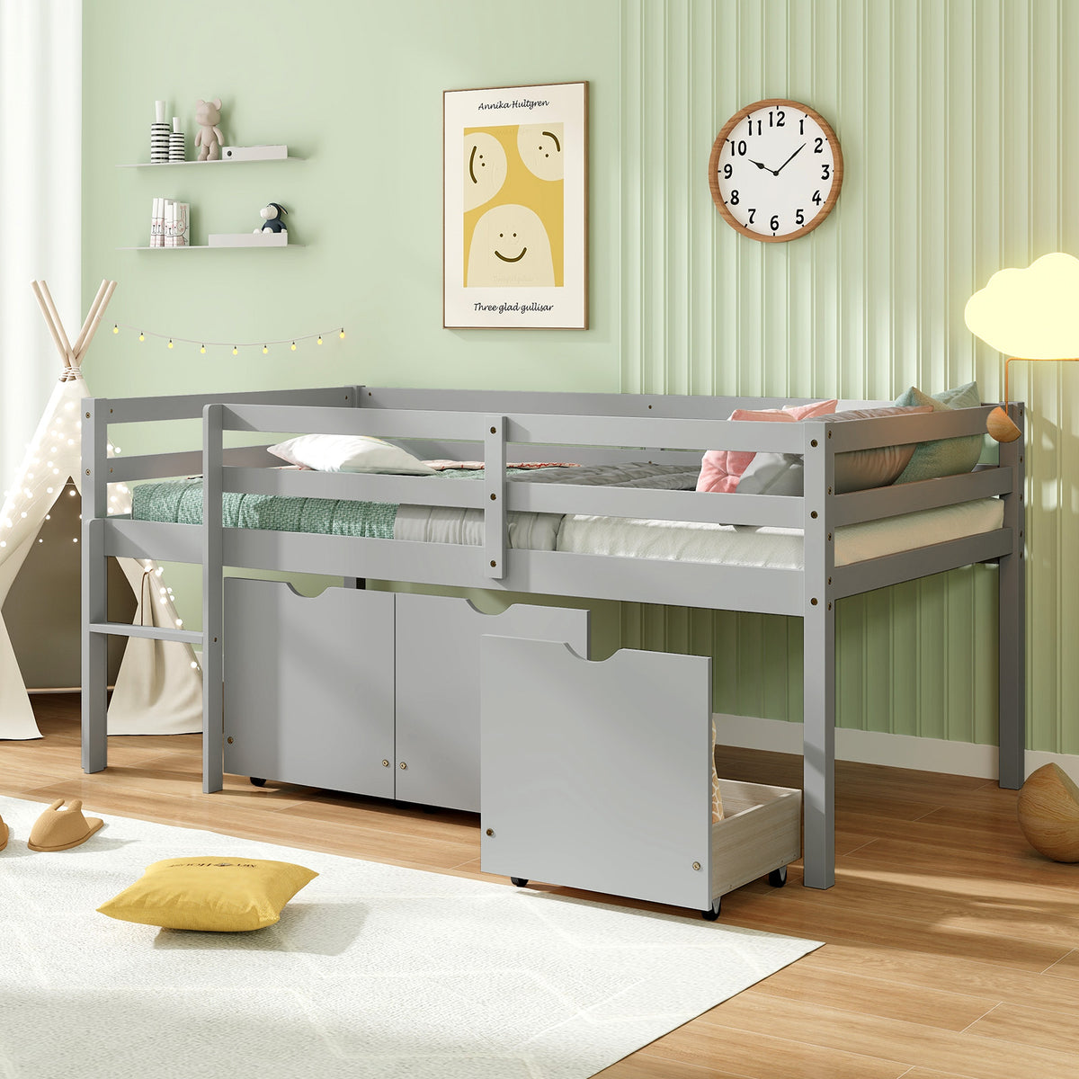 Twin Loft Bed with 3 Storage Drawers & Guardrails, Gray