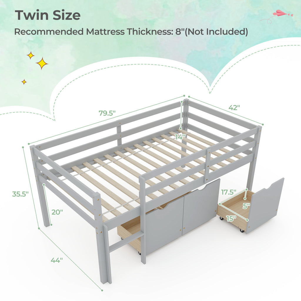 Twin Loft Bed with 3 Storage Drawers & Guardrails, Gray