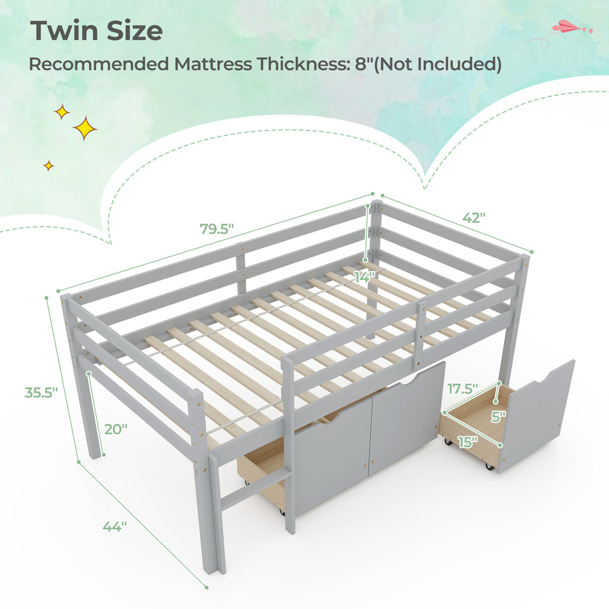 Twin Loft Bed with 3 Storage Drawers & Guardrails, Gray