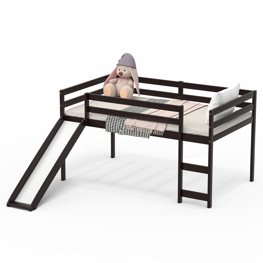 Twin Size Low Loft Bed with Slide & Ladder - Dark Brown