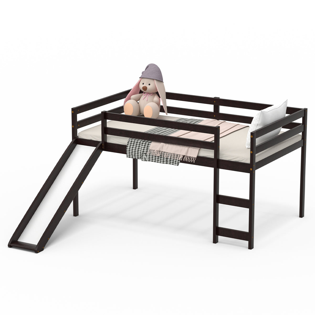 Twin Size Low Loft Bed with Slide & Ladder - Dark Brown