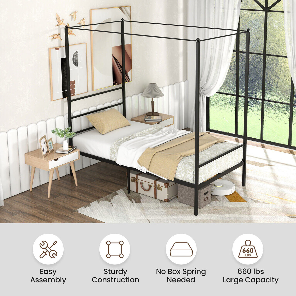 Twin Size Metal Canopy Bed Frame with Slat Support