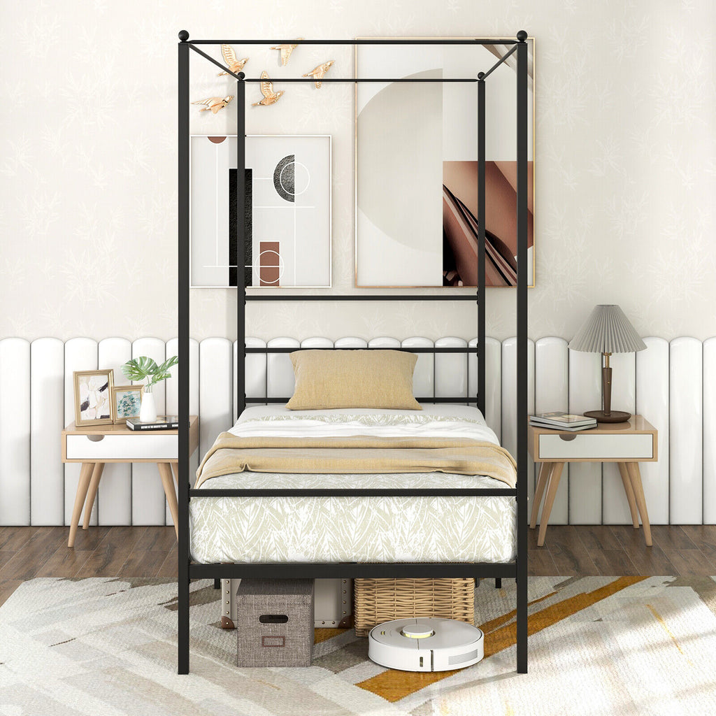 Twin Size Metal Canopy Bed Frame with Slat Support