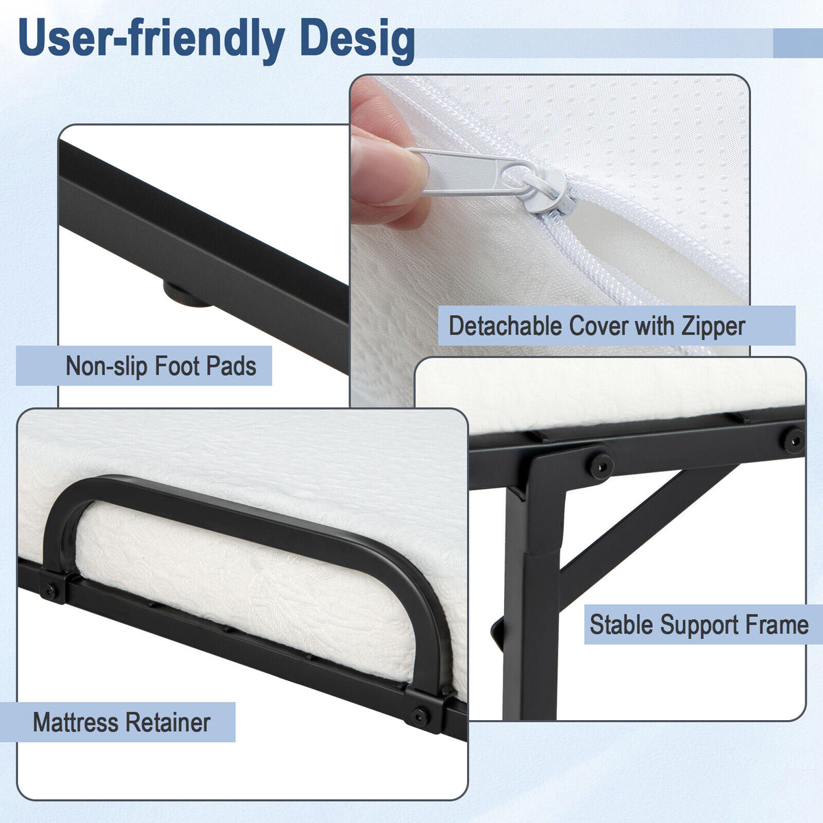 Twin Size Metal Folding Bed with Memory Foam Mattress - Hook and Loop Fasteners