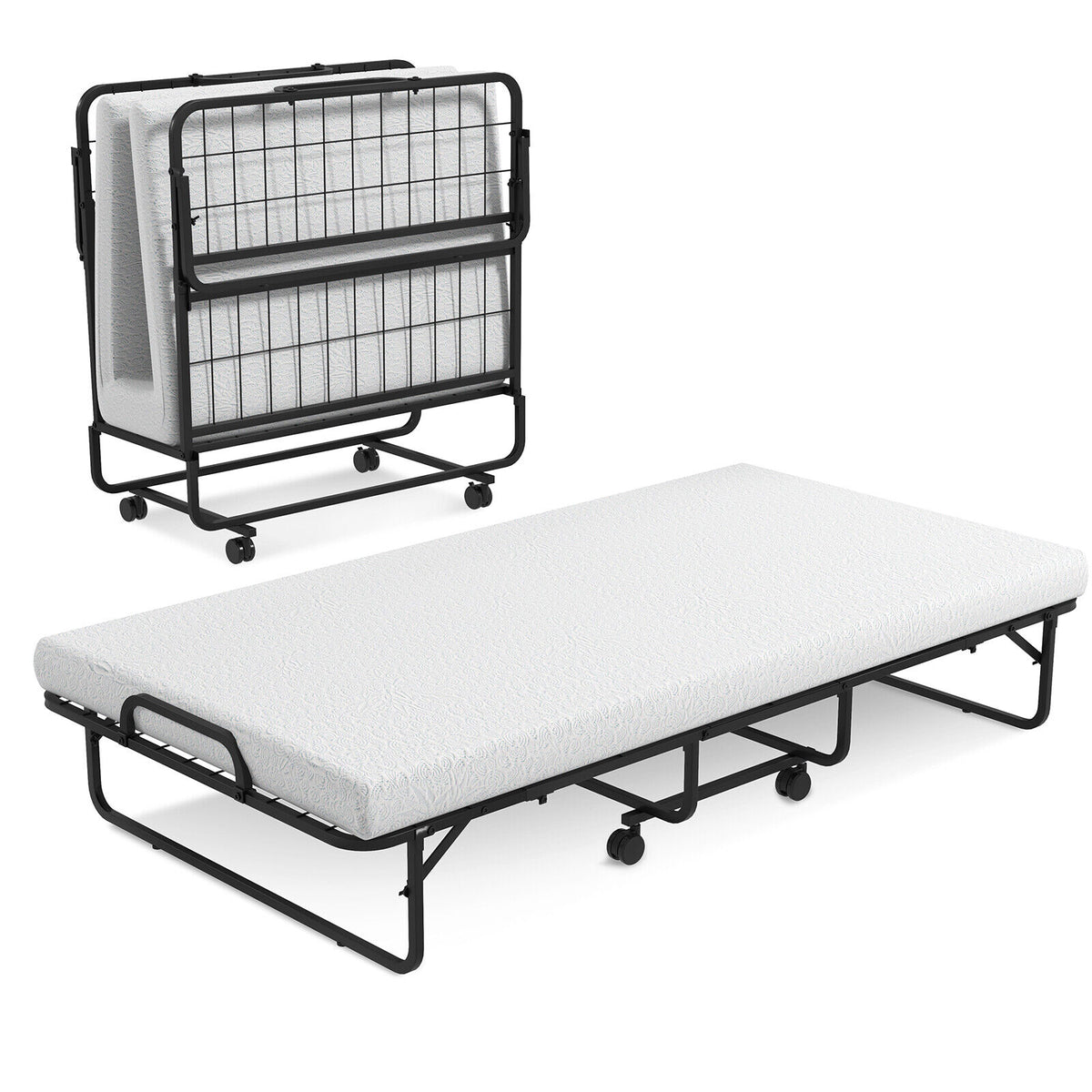 Twin Size Metal Folding Bed with Memory Foam Mattress – Hook and Loop Fasteners