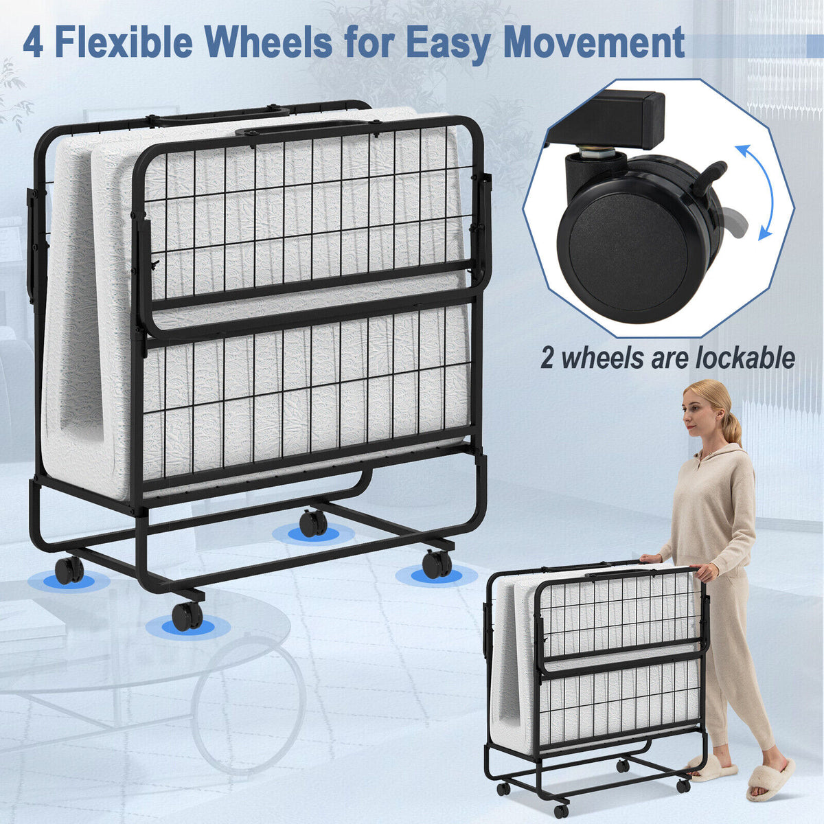 Twin Size Metal Folding Bed with Memory Foam Mattress - Hook and Loop Fasteners