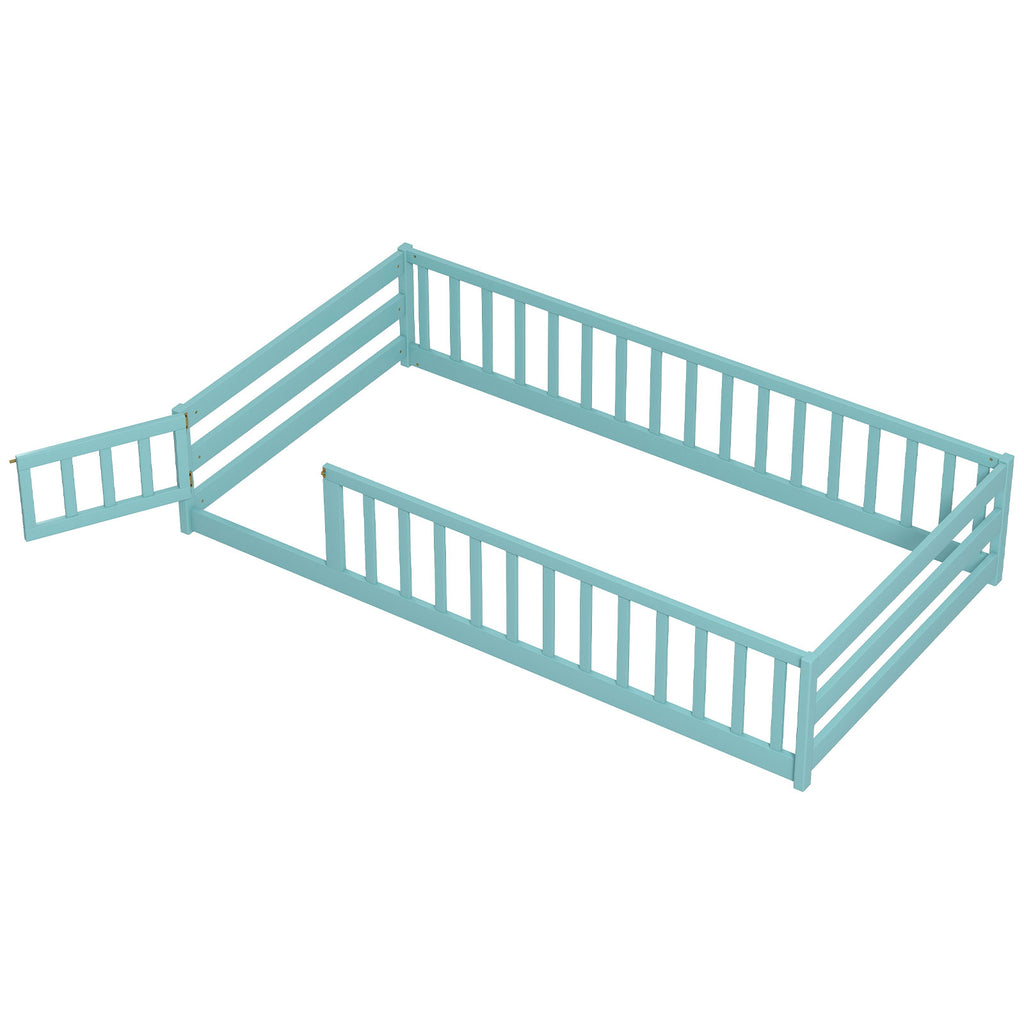 Kids Twin Size Wood Montessori Floor Bed with Door and Fence - Dark Green Variation