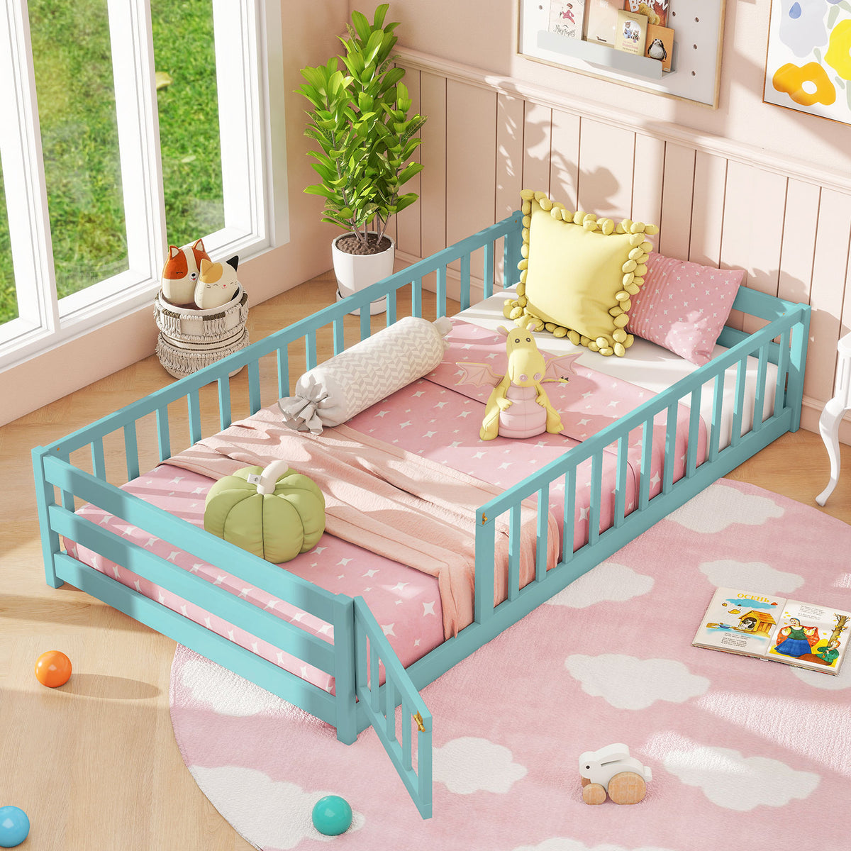 Kids Twin Size Wood Montessori Floor Bed with Door and Fence - Dark Green Variation